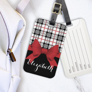 Personalized Name Red Ribbon and Tartan Plaid Luggage Tag