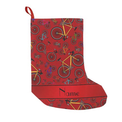 Personalized name red road bikes small christmas stocking