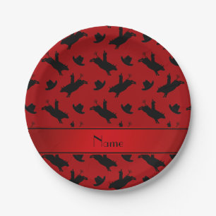 Personalized name red rodeo bull riding pattern paper plates