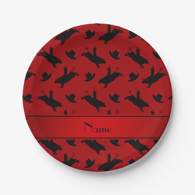 Personalized name red rodeo bull riding pattern paper plates (Front)