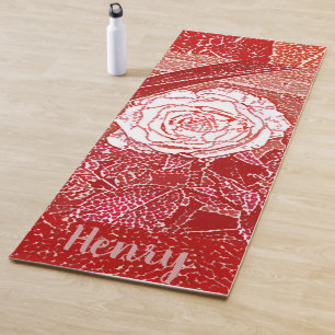 Personalized Name Red Rose Floral Watercolor Art Yoga Mat