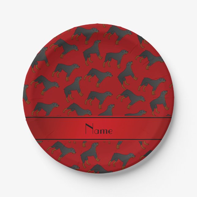 Personalized name red rottweiler dog pattern paper plates (Front)