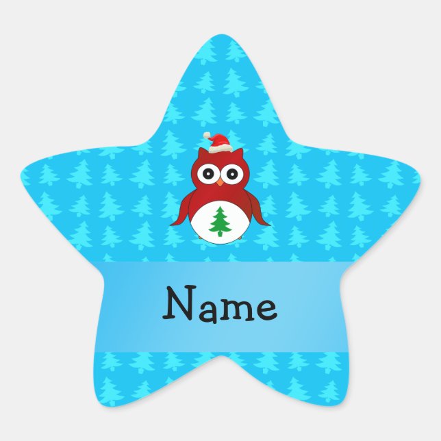 Personalized name red santa owl blue trees star sticker (Front)