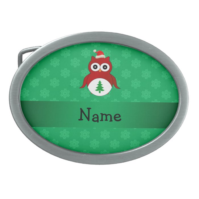 Personalized name red santa owl green snowflakes oval belt buckle