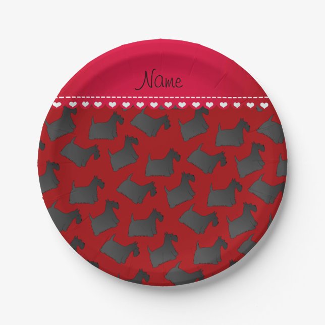Personalized name red scottish terrier dogs paper plates (Front)