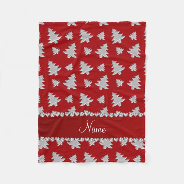 Personalized name red silver christmas trees fleece blanket (Front)