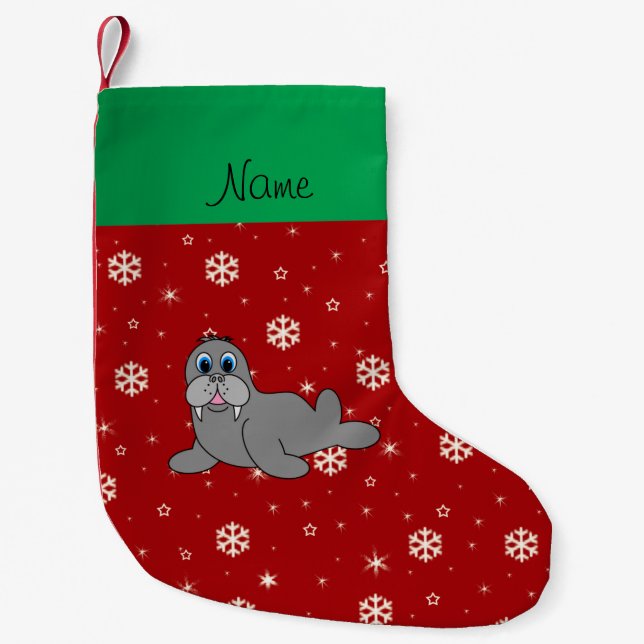 Personalized name red snowflake walrus small christmas stocking (Front)