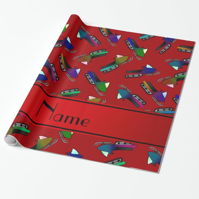 Personalized name red snowmobiles wrapping paper (Unrolled)