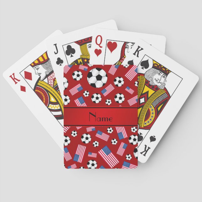 Personalized name red soccer american flag poker cards (Back)