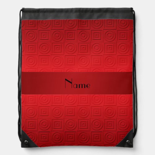 Personalized name red squares circles drawstring bag