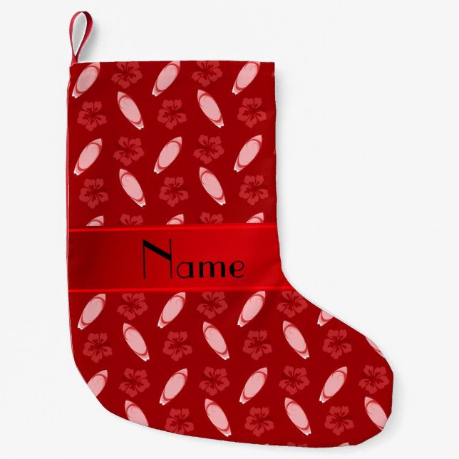 Personalized name red surfboard pattern small christmas stocking (Front)