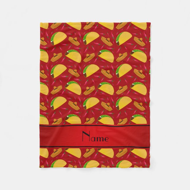Personalized name red tacos sombreros chilis fleece blanket (Front)
