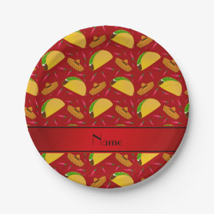 Personalized name red tacos sombreros chilis paper plates