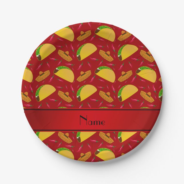 Personalized name red tacos sombreros chilis paper plates (Front)