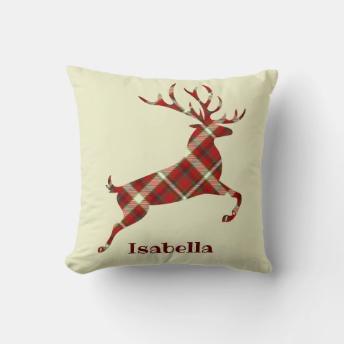 Personalized Name Red Tartan Reindeer Christmas Throw Pillow