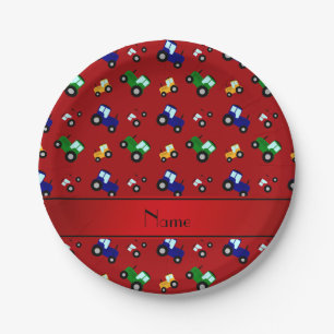 Personalized name red tractors paper plates