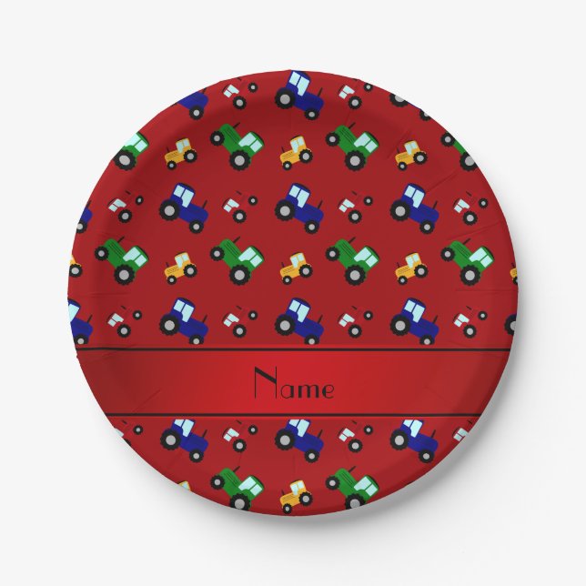 Personalized name red tractors paper plates (Front)