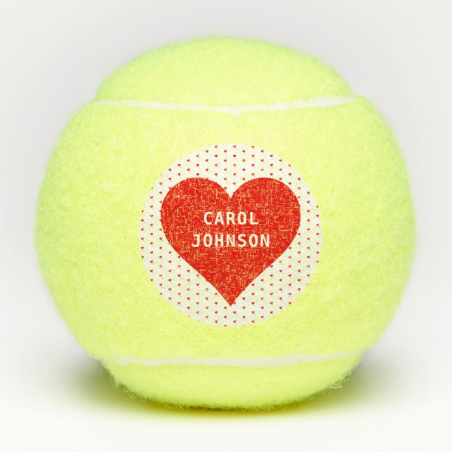 Personalized Name Red Valentine Heart Red & White Tennis Balls (Front)