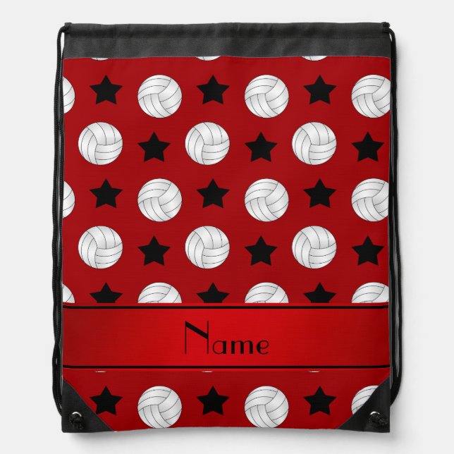 Personalized name red volleyball black stars drawstring bag (Front)