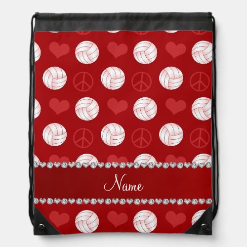 Personalized name red volleyballs peace hearts drawstring bag