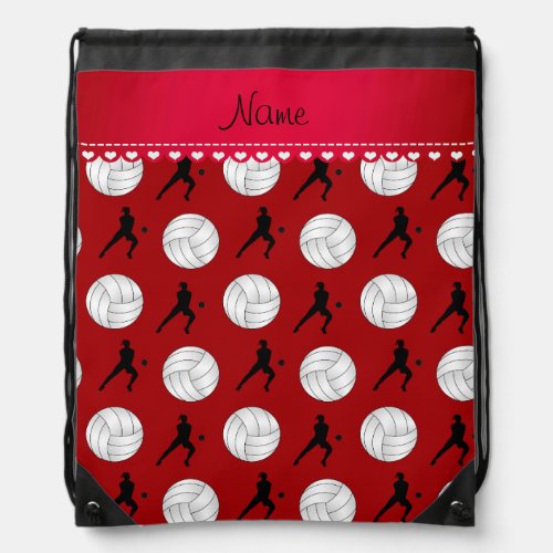 Personalized name red volleyballs silhouettes drawstring bag