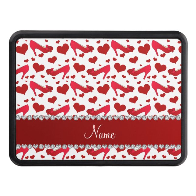 Personalized name red white hearts shoes bows trailer hitch cover (Front)