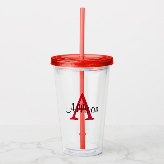 Personalized Name Red White Monogram Name Acrylic Tumbler (Front)