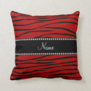 Personalized name red zebra stripes throw pillow