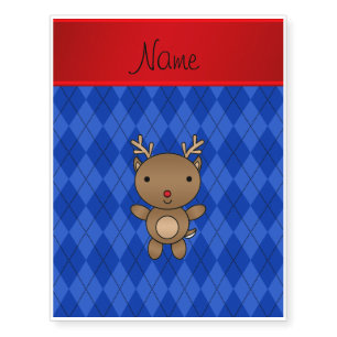 Personalized name reindeer blue argyle temporary tattoos