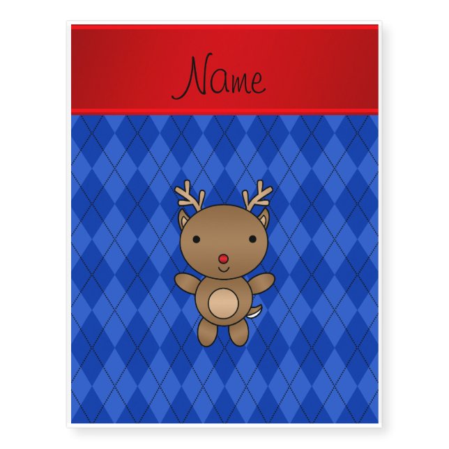 Personalized name reindeer blue argyle temporary tattoos (Front)