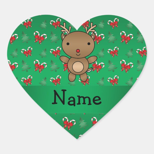 Personalized name reindeer green candy canes bows heart sticker (Front)