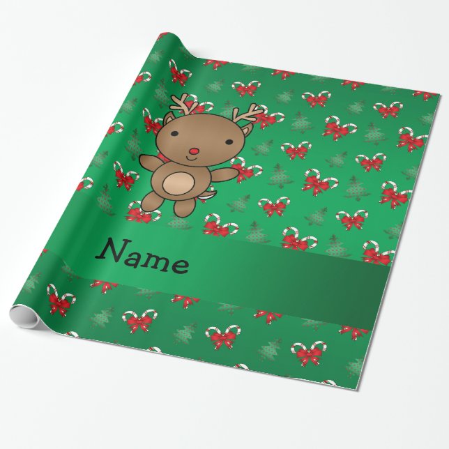 Personalized name reindeer green candy canes bows wrapping paper (Unrolled)