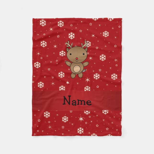 Personalized name reindeer red snowflakes fleece blanket (Front)