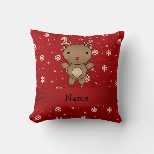 Personalized name reindeer red snowflakes throw pillow