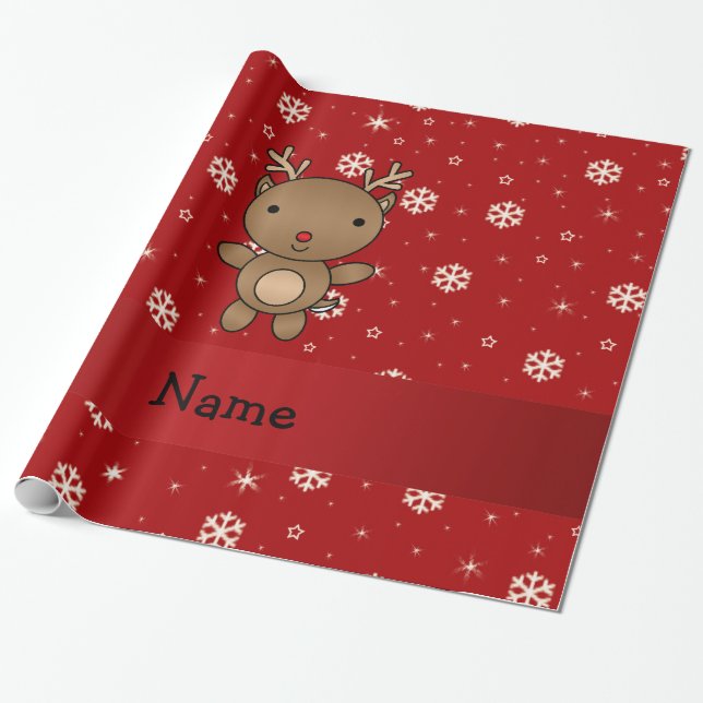 Personalized name reindeer red snowflakes wrapping paper (Unrolled)
