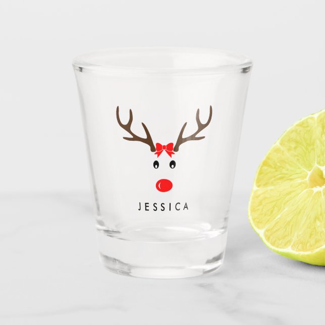 Personalized Name Reindeer Xmas Holiday Shot Glass (Front)
