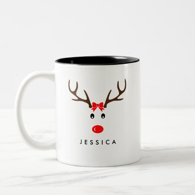 Personalized Name Reindeer Xmas Holiday Two-Tone Coffee Mug (Left)