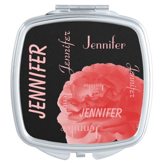 Personalized, Name Repeats, Chic Coral Pink Rose Compact Mirror (Front)