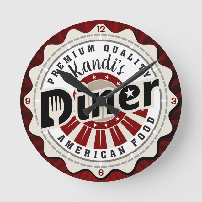 Personalized NAME Retro American Diner Cafe Custom Round Clock (Front)
