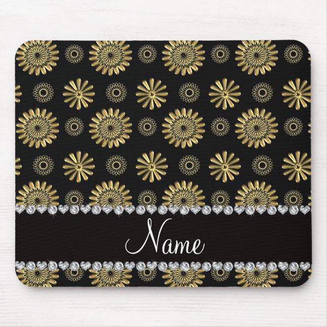 Personalized name retro black gold flowers mouse pad (Front)