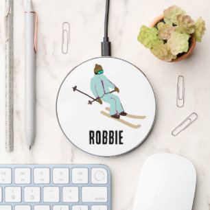  Personalized Name Retro Blue Skier Skiing    Wireless Charger