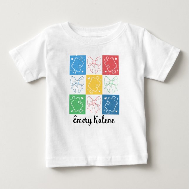 Personalized Name Retro Checkered Autism Awareness Baby T-Shirt (Front)