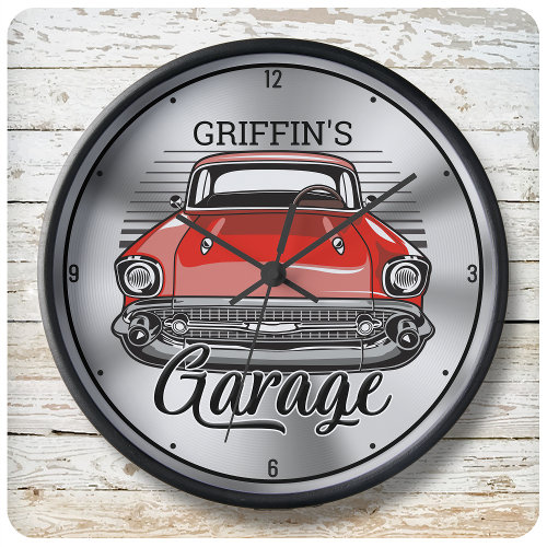 Personalized NAME Retro Classic Car Cruiser Garage Large Clock