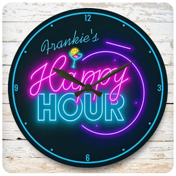 Personalized Name Retro Faux Neon Happy Hour Bar Round Clock by GyftGuru at Zazzle