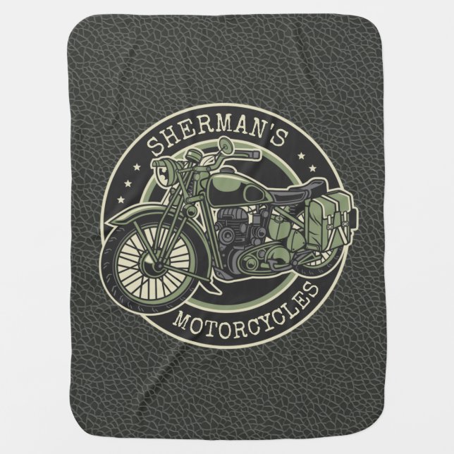 Personalized NAME Retro Military Motorcycle Biker Baby Blanket (Front)