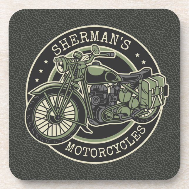Personalized NAME Retro Military Motorcycle Biker Beverage Coaster (Front)