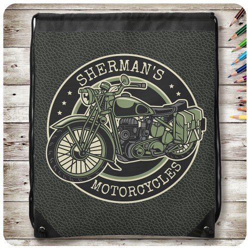 Personalized NAME Retro Military Motorcycle Biker Drawstring Bag