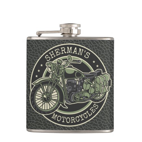 Personalized NAME Retro Military Motorcycle Biker Flask