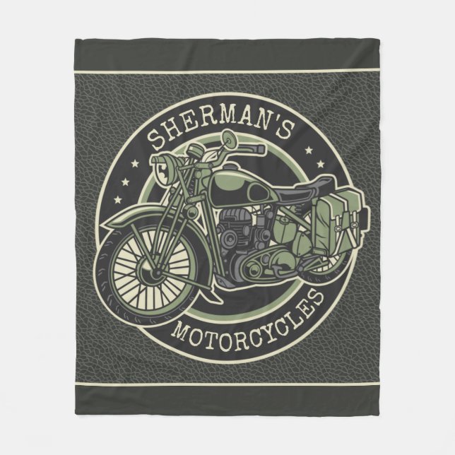 Personalized NAME Retro Military Motorcycle Biker Fleece Blanket (Front)