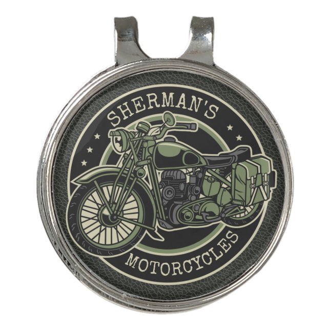 Personalized NAME Retro Military Motorcycle Biker Golf Hat Clip (Front)